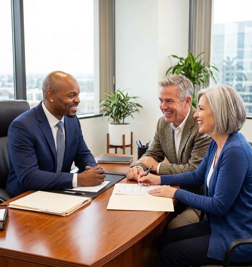 Adrian Manns meeting with a smiling couple at his office desk, reviewing paperwork together